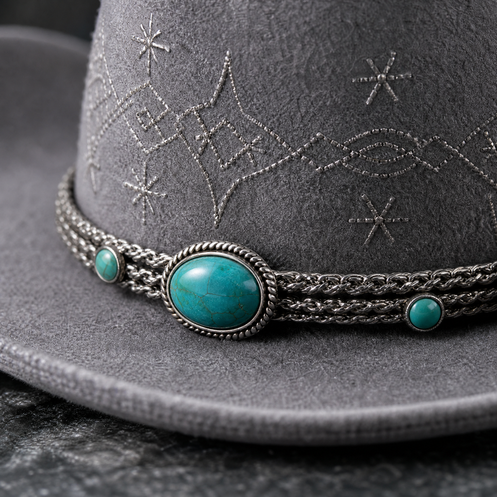The Celestial by mianbrea™ — Premium Grey Wool Felt Cowboy Hat, Silver Constellation Crown & Turquoise Chain Band