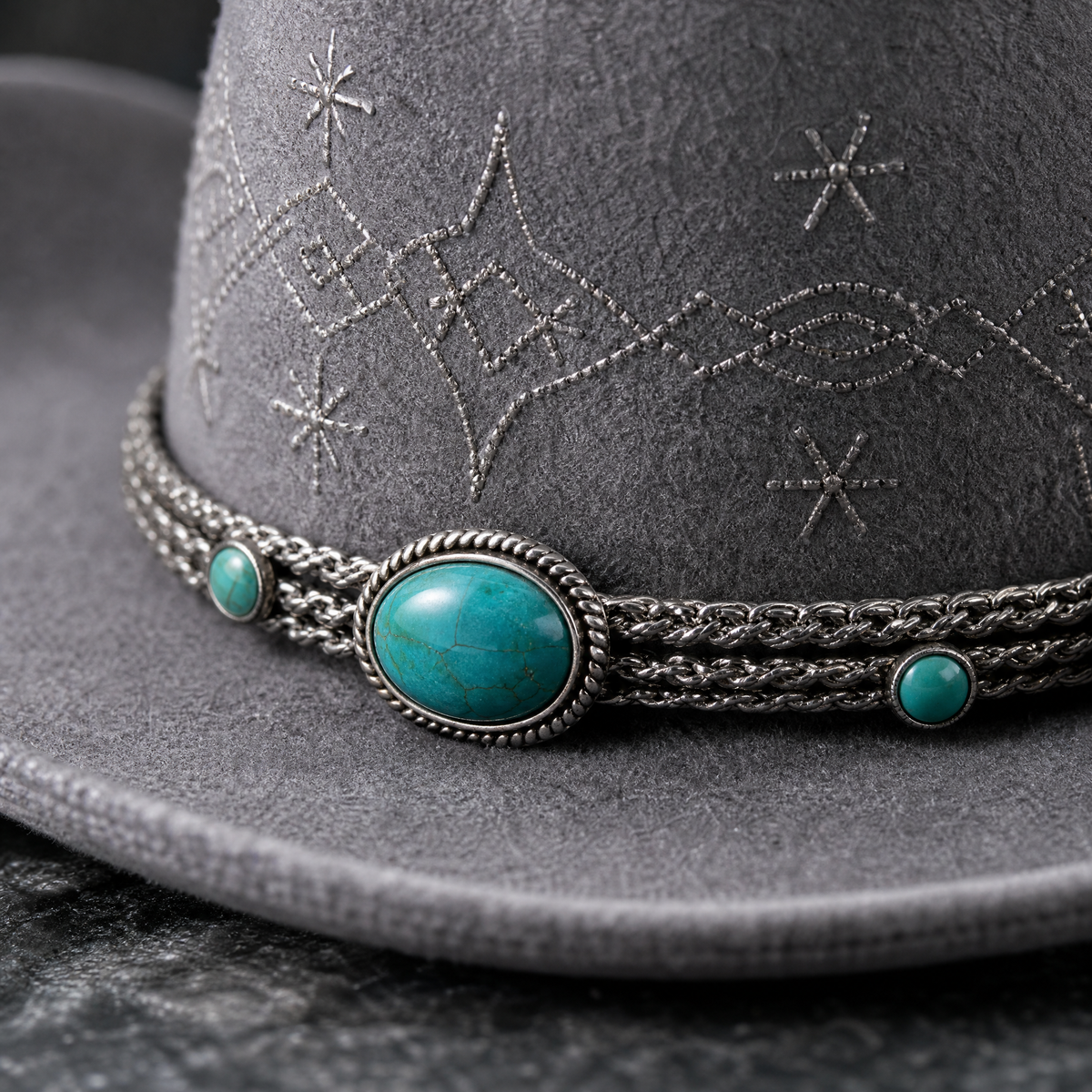 The Celestial by mianbrea™ — Premium Grey Wool Felt Cowboy Hat, Silver Constellation Crown & Turquoise Chain Band