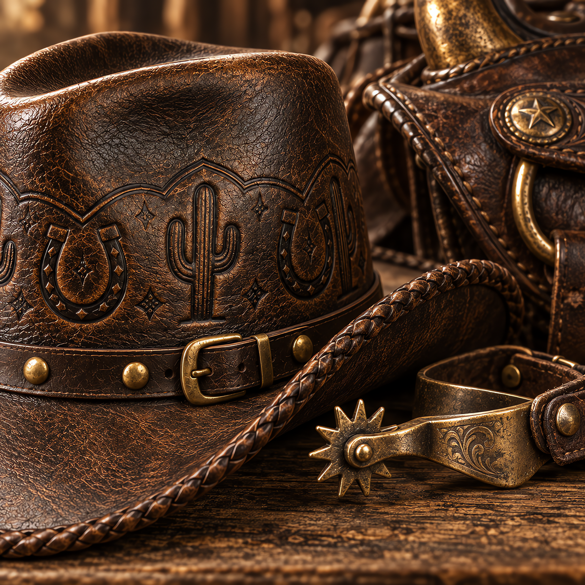 The Maverick by mianbrea™ — Premium Distressed Leather Cowboy Hat, Hand-Tooled Cactus & Horseshoe Pattern