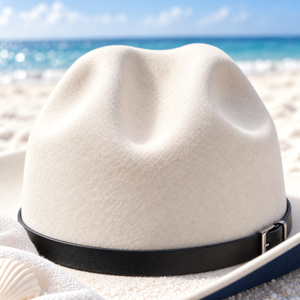 The Blanco by mianbrea™ — Premium White Wool Felt Cowboy Hat, Navy Geometric Print & Black Leather Band