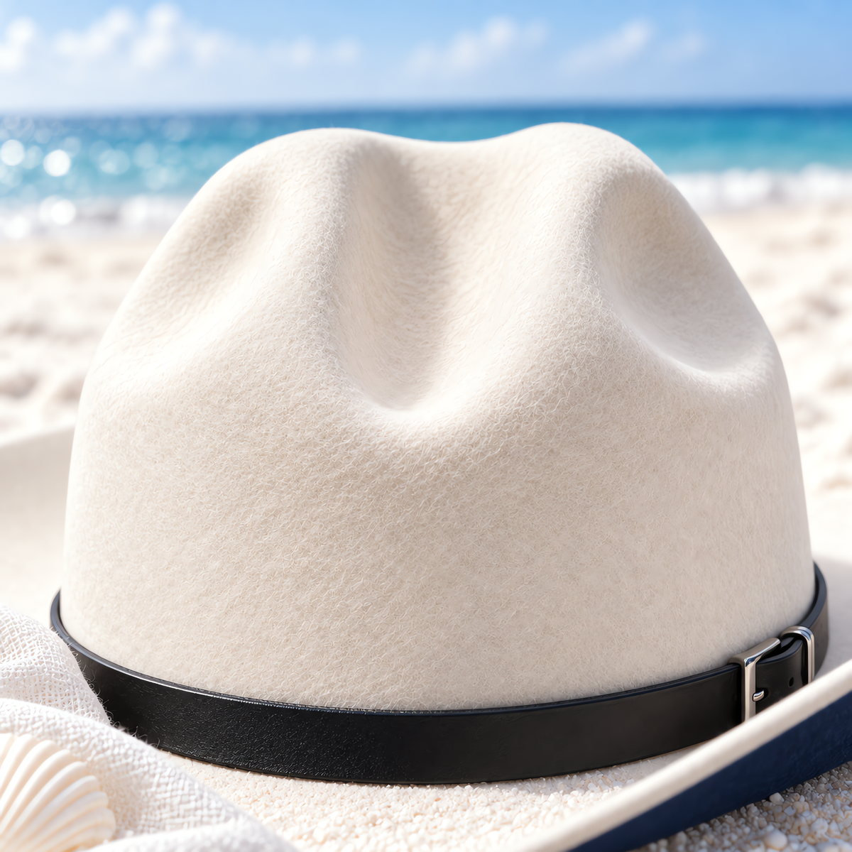 The Blanco by mianbrea™ — Premium White Wool Felt Cowboy Hat, Navy Geometric Print & Black Leather Band