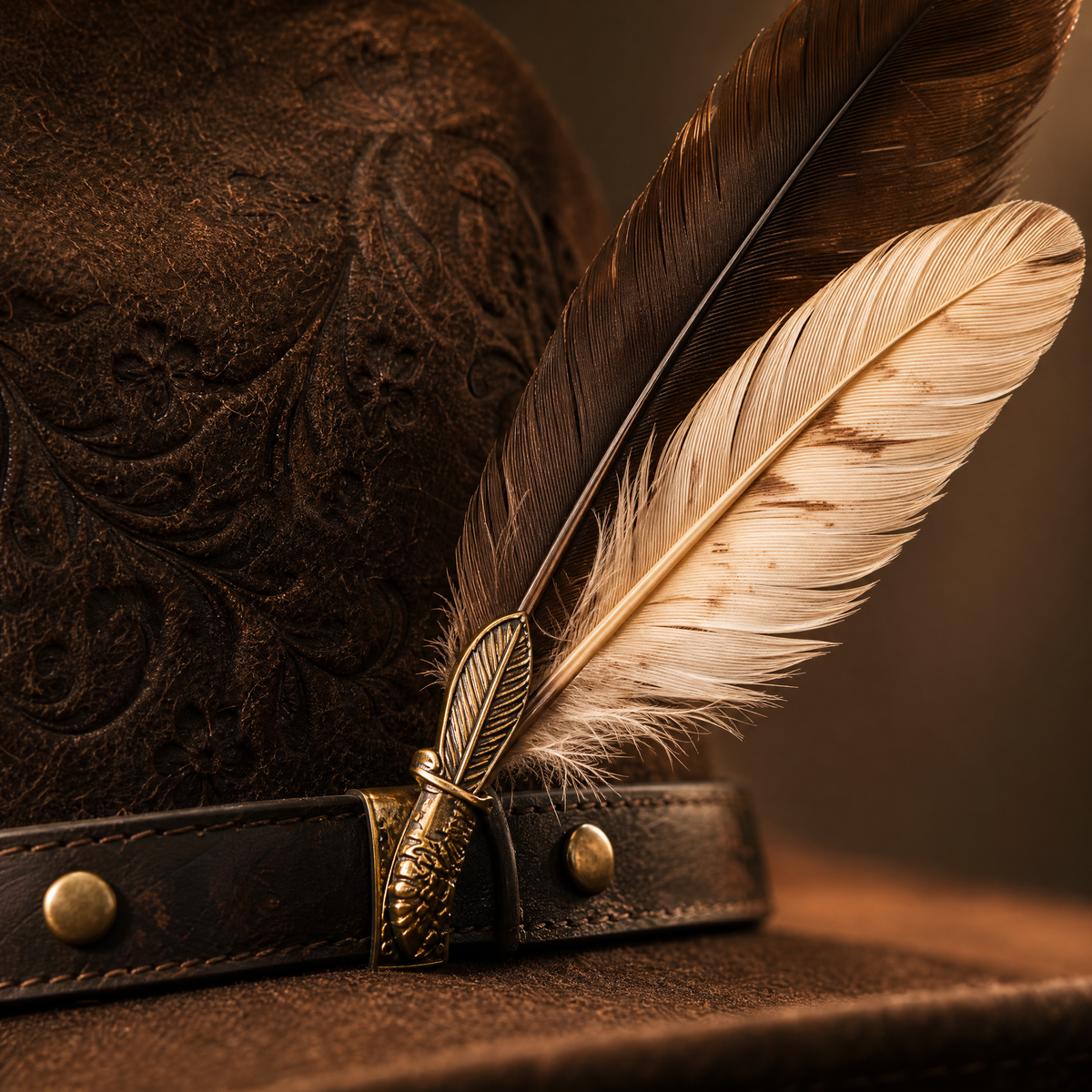 The Wrangler by mianbrea™ — Premium Dark Brown Wool Felt Cowboy Hat, Hand-Embossed Floral Crown & Feather Accent