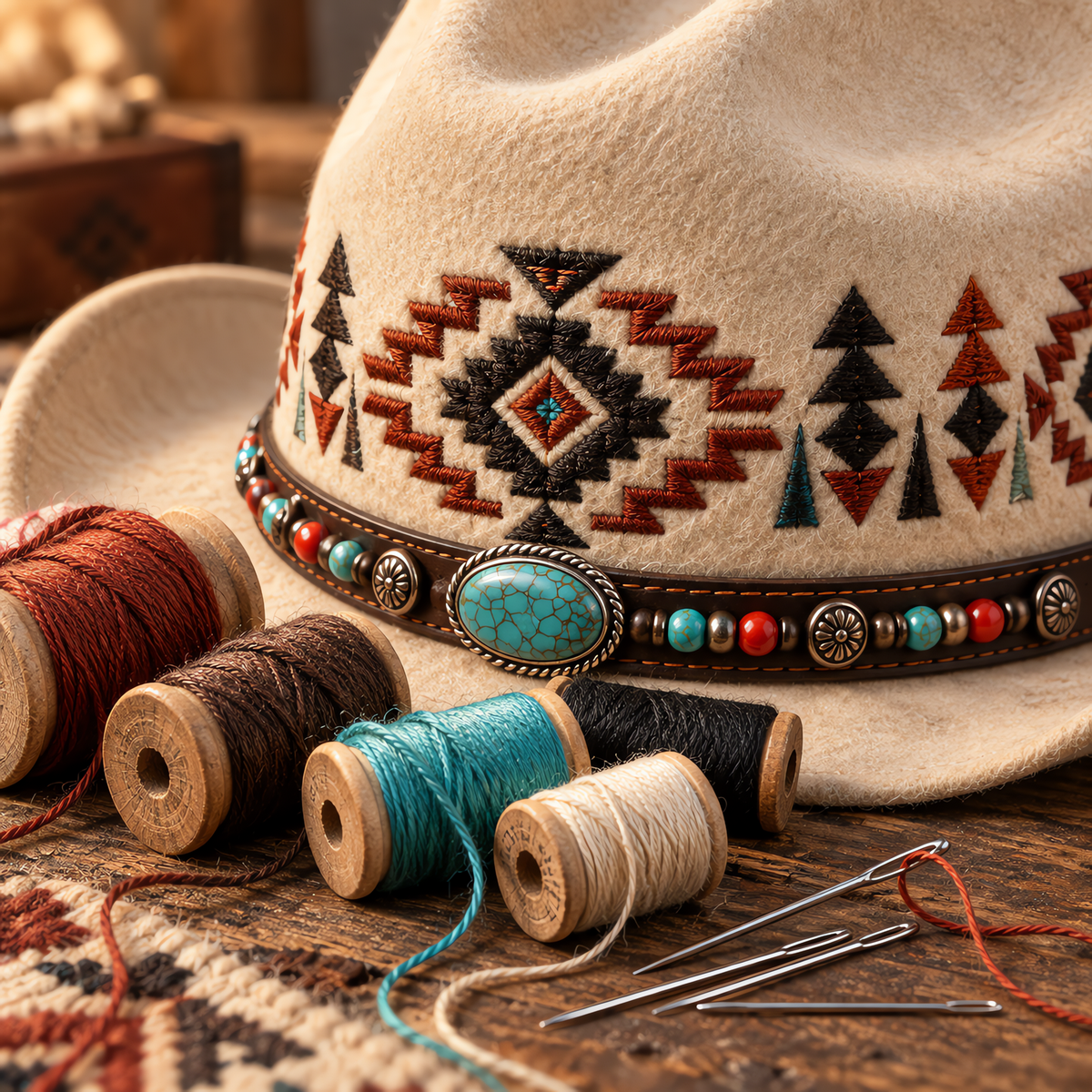 The Kachina by mianbrea™ — Premium Bone Wool Felt Cowboy Hat, Hand-Embroidered Southwestern Patterns & Turquoise Stone Band