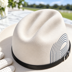 The Blanco by mianbrea™ — Premium White Wool Felt Cowboy Hat, Navy Geometric Print & Black Leather Band