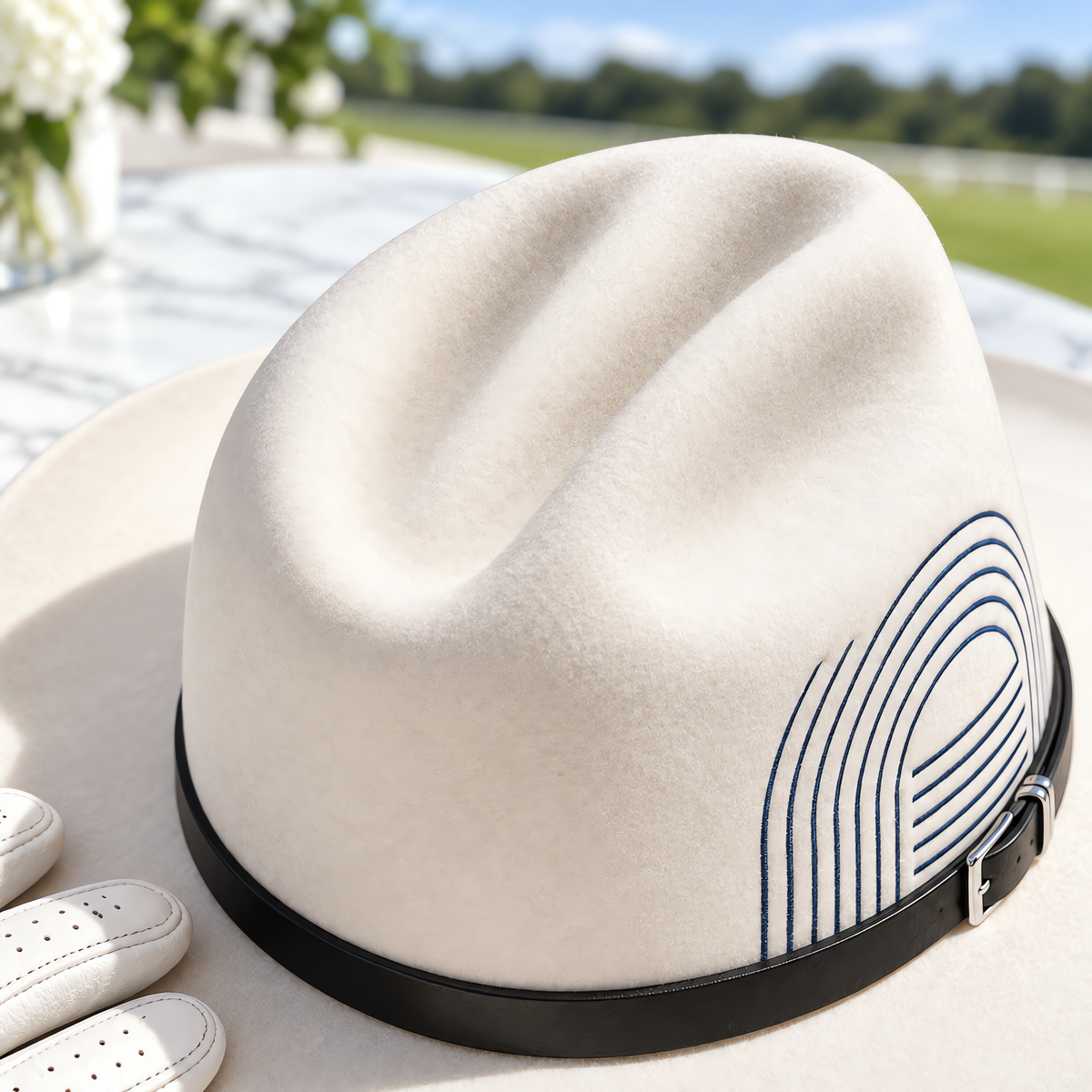 The Blanco by mianbrea™ — Premium White Wool Felt Cowboy Hat, Navy Geometric Print & Black Leather Band