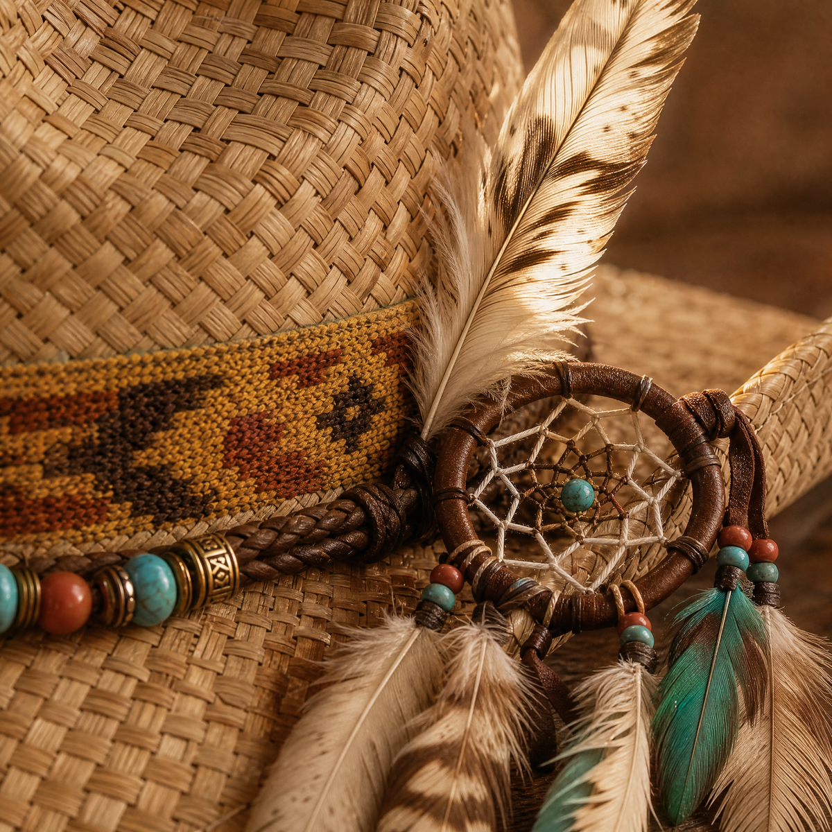 The Sundance by mianbrea™ — Premium Natural Straw Cowboy Hat, Navajo Woven Band & Turquoise Bead Accent