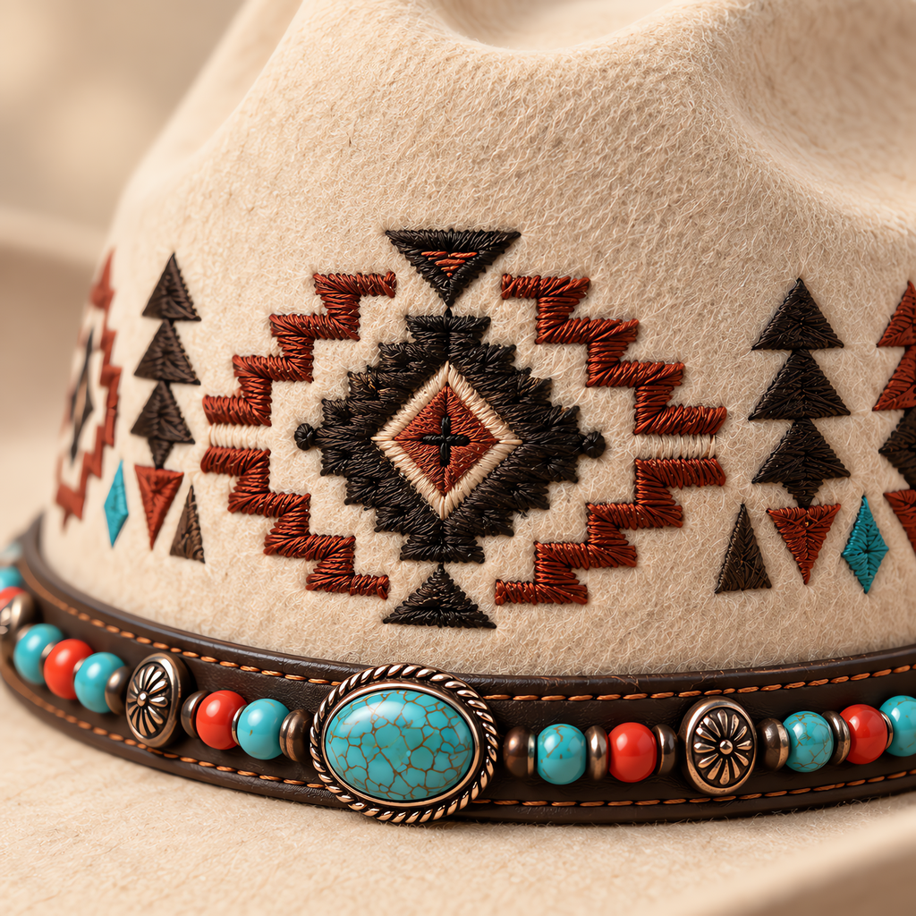 The Kachina by mianbrea™ — Premium Bone Wool Felt Cowboy Hat, Hand-Embroidered Southwestern Patterns & Turquoise Stone Band