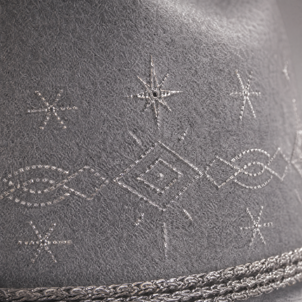 The Celestial by mianbrea™ — Premium Grey Wool Felt Cowboy Hat, Silver Constellation Crown & Turquoise Chain Band