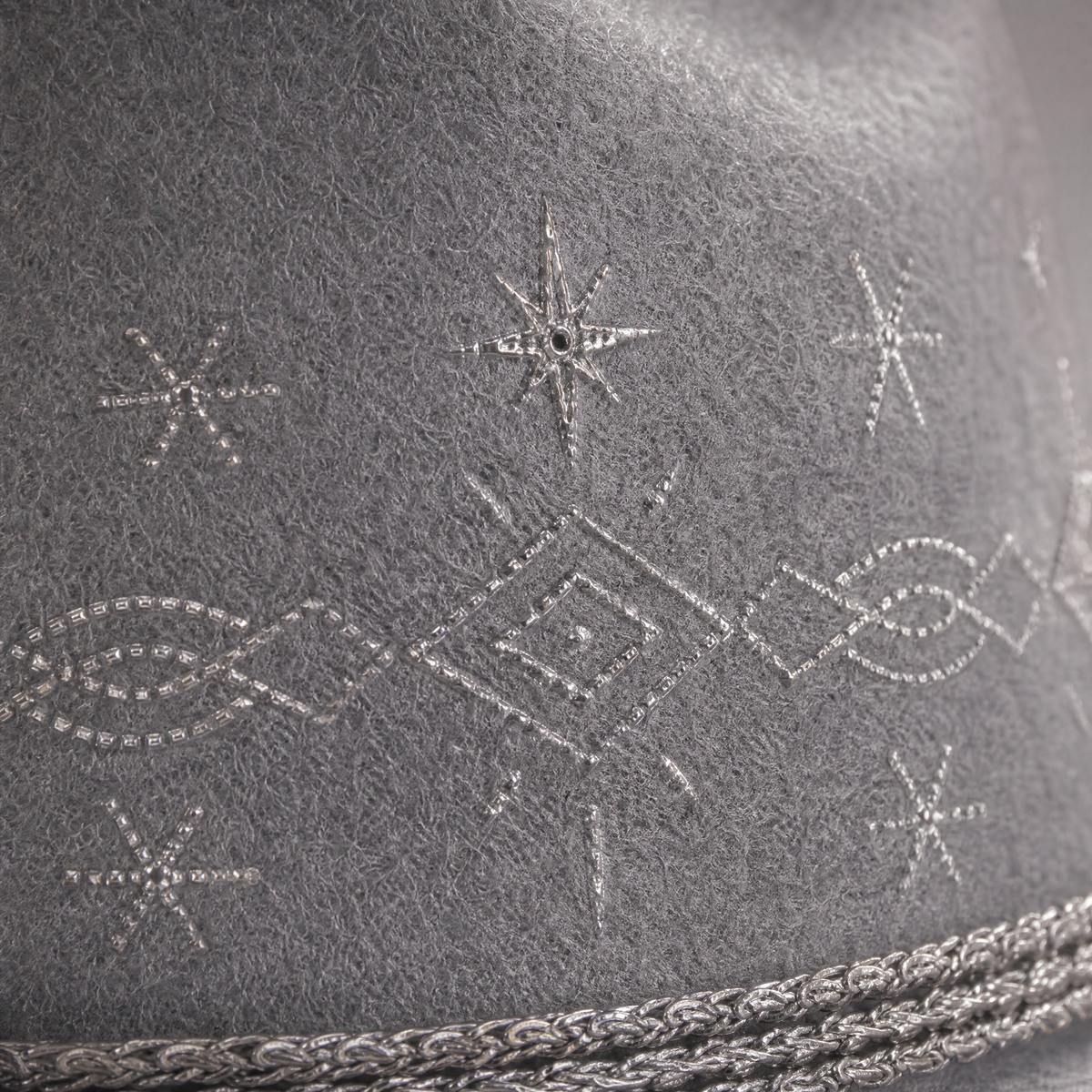 The Celestial by mianbrea™ — Premium Grey Wool Felt Cowboy Hat, Silver Constellation Crown & Turquoise Chain Band