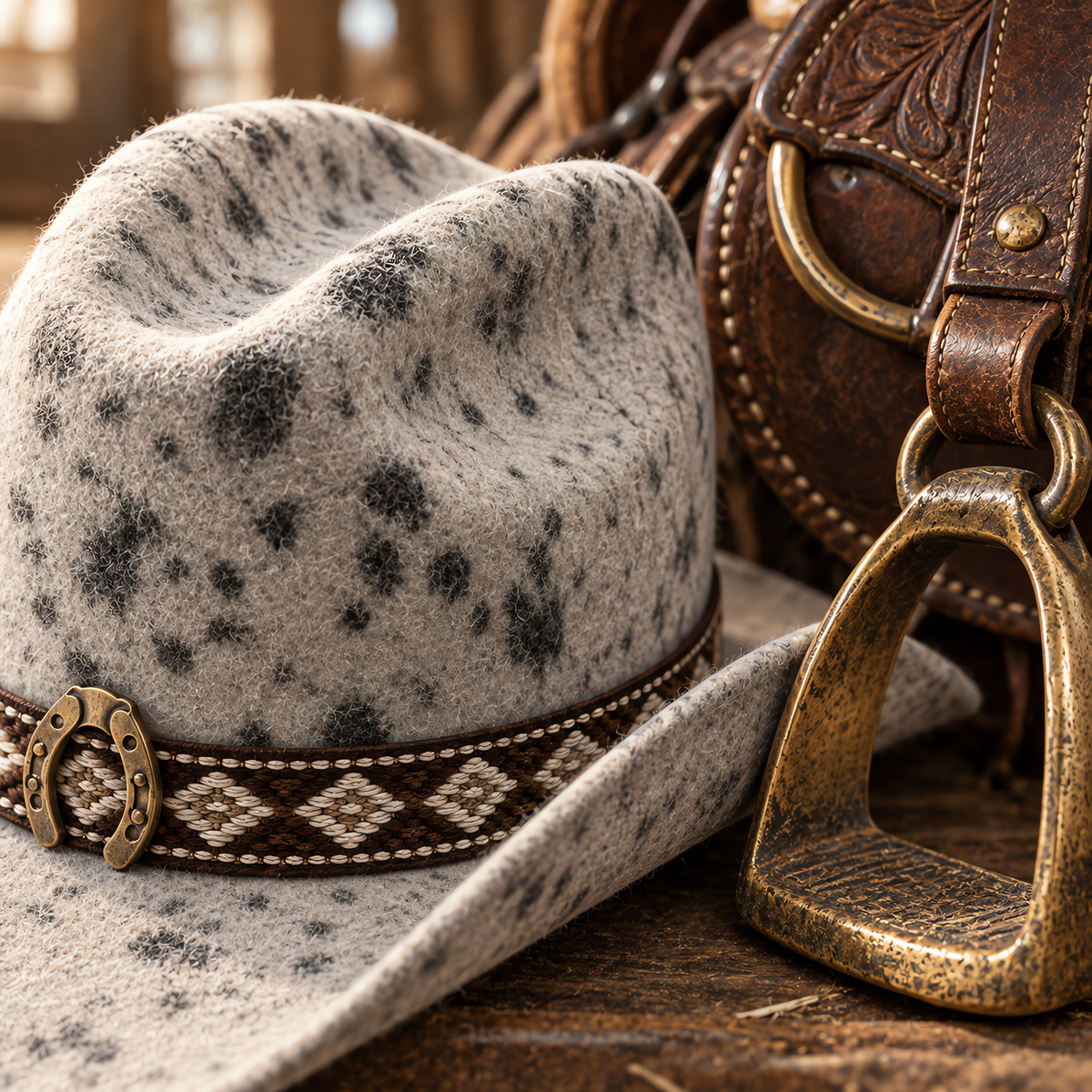 The Appaloosa by mianbrea™ — Premium Spotted Wool Felt Cowboy Hat, Southwestern Diamond Band & Horseshoe Buckle