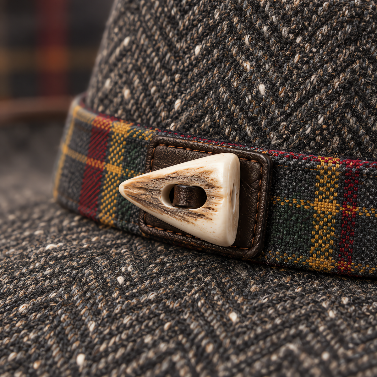 The Highlander by mianbrea™ — Premium Charcoal Herringbone Tweed Cowboy Hat, Tartan Band & Antler Toggle