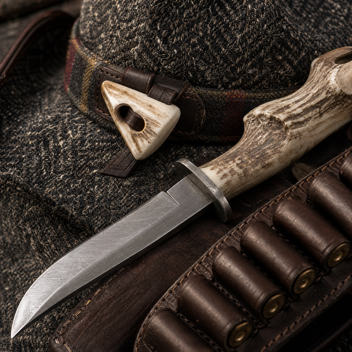 The Highlander by mianbrea™ — Premium Charcoal Herringbone Tweed Cowboy Hat, Tartan Band & Antler Toggle