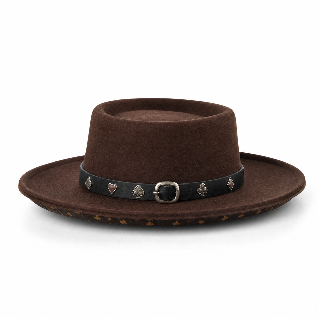The Gambler by mianbrea™ — Premium Dark Brown Wool Felt Gambler Hat, Playing Card Suit Band & Telescope Crown