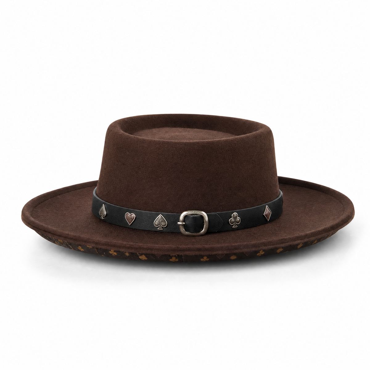 The Gambler by mianbrea™ — Premium Dark Brown Wool Felt Gambler Hat, Playing Card Suit Band & Telescope Crown