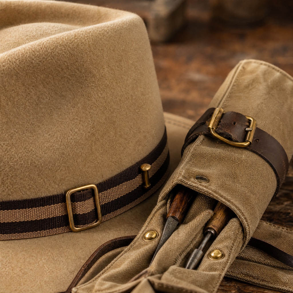 The Drifter by mianbrea™ — Premium Sand Wool Felt Cowboy Hat, Striped Web Band & Brass Hardware
