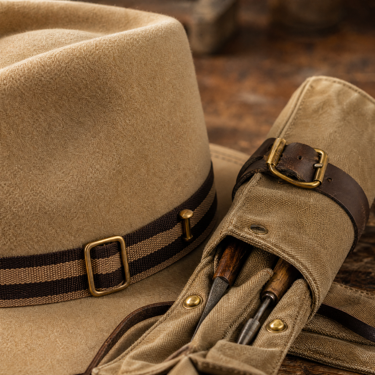 The Drifter by mianbrea™ — Premium Sand Wool Felt Cowboy Hat, Striped Web Band & Brass Hardware