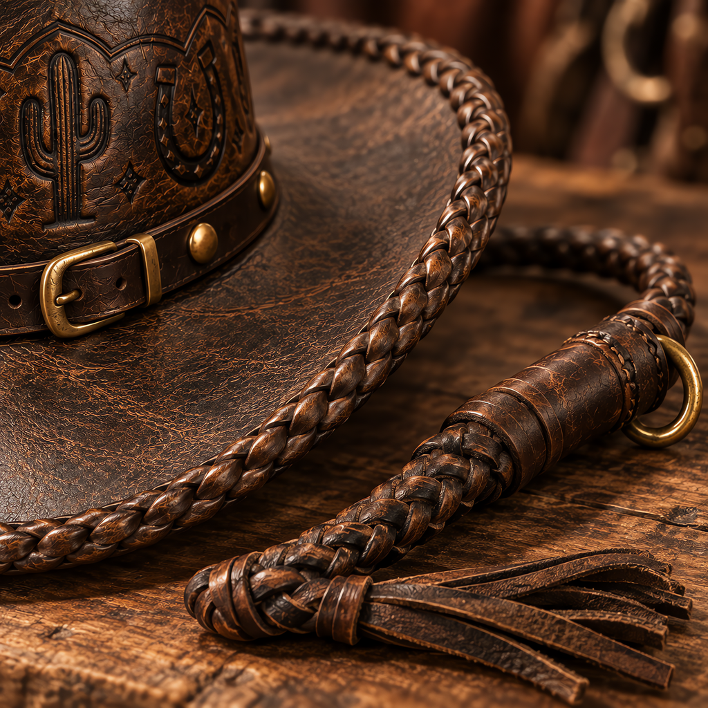 The Maverick by mianbrea™ — Premium Distressed Leather Cowboy Hat, Hand-Tooled Cactus & Horseshoe Pattern