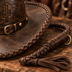 The Maverick by mianbrea™ — Premium Distressed Leather Cowboy Hat, Hand-Tooled Cactus & Horseshoe Pattern