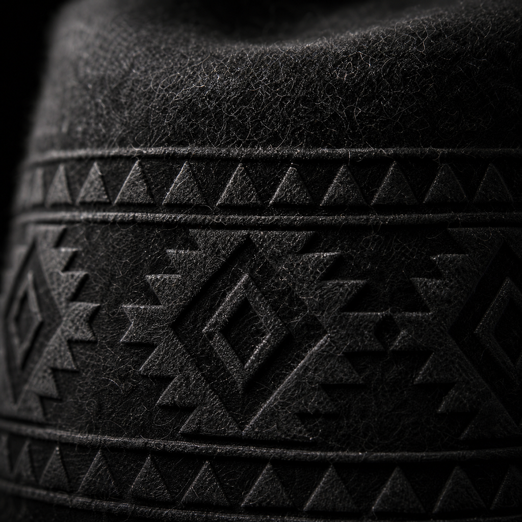 The Nomad by mianbrea™ — Premium Black Wool Felt Cowboy Hat, Hand-Pressed Tribal Patterns