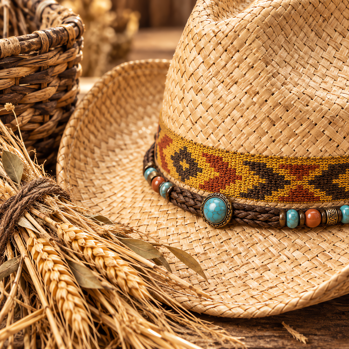 The Sundance by mianbrea™ — Premium Natural Straw Cowboy Hat, Navajo Woven Band & Turquoise Bead Accent