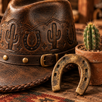 The Maverick by mianbrea™ — Premium Distressed Leather Cowboy Hat, Hand-Tooled Cactus & Horseshoe Pattern