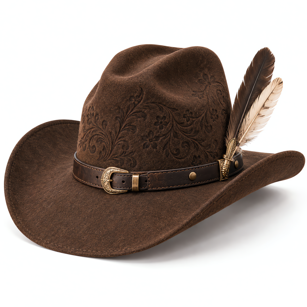The Wrangler by mianbrea™ — Premium Dark Brown Wool Felt Cowboy Hat, Hand-Embossed Floral Crown & Feather Accent