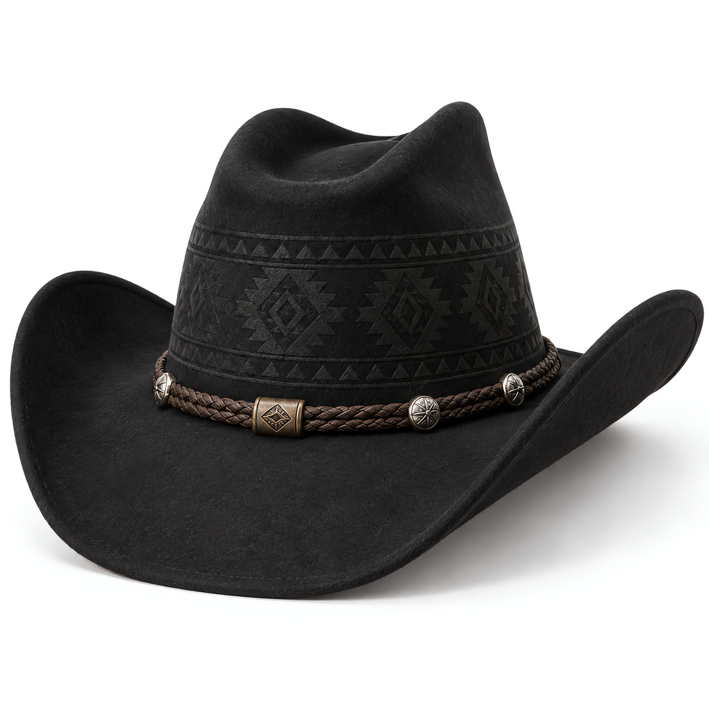 The Nomad by mianbrea™ — Premium Black Wool Felt Cowboy Hat, Hand-Pressed Tribal Patterns