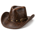 The Maverick by mianbrea™ — Premium Distressed Leather Cowboy Hat, Hand-Tooled Cactus & Horseshoe Pattern