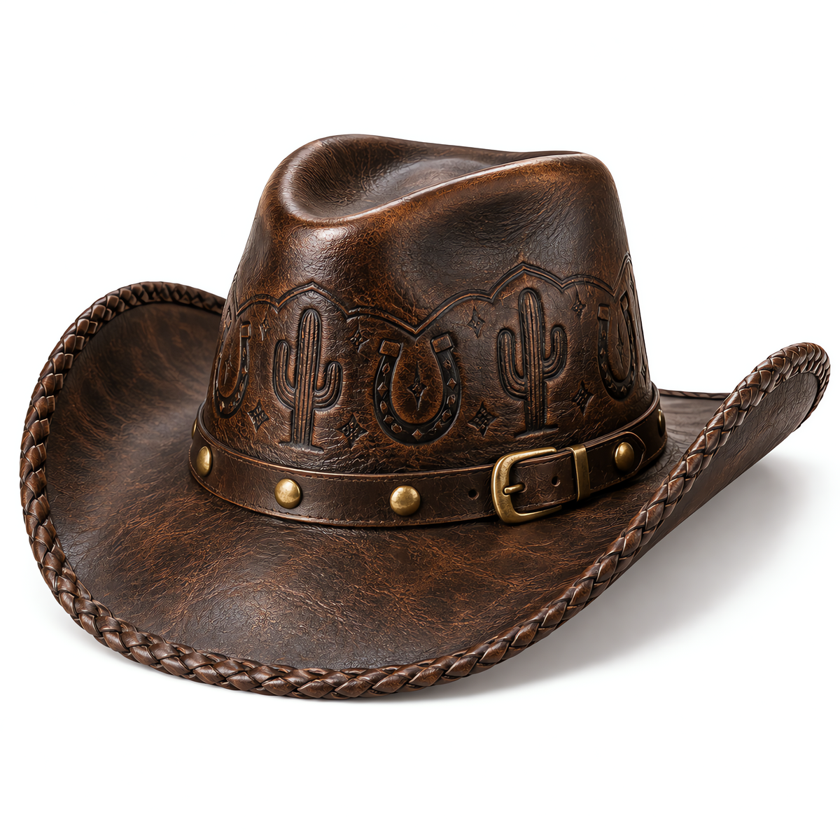 The Maverick by mianbrea™ — Premium Distressed Leather Cowboy Hat, Hand-Tooled Cactus & Horseshoe Pattern