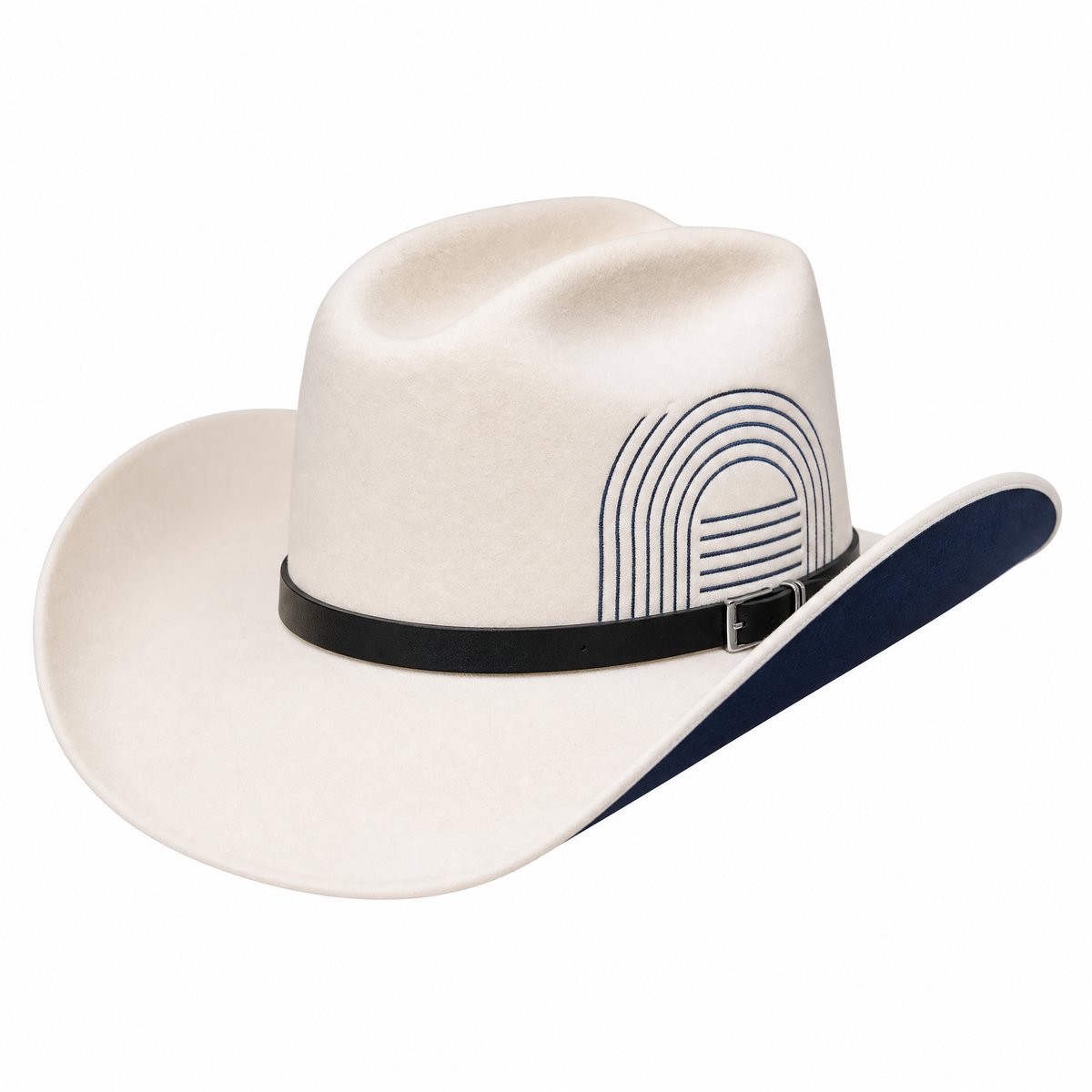 The Blanco by mianbrea™ — Premium White Wool Felt Cowboy Hat, Navy Geometric Print & Black Leather Band