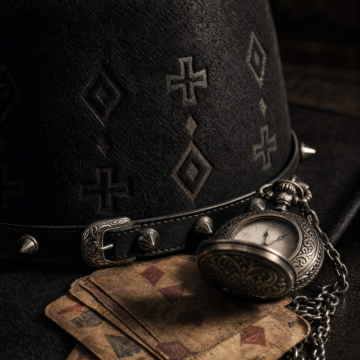 The Outlaw by mianbrea™ — Premium Black Wool Felt Cowboy Hat, Embossed Geometric Crown & Silver Studded Band