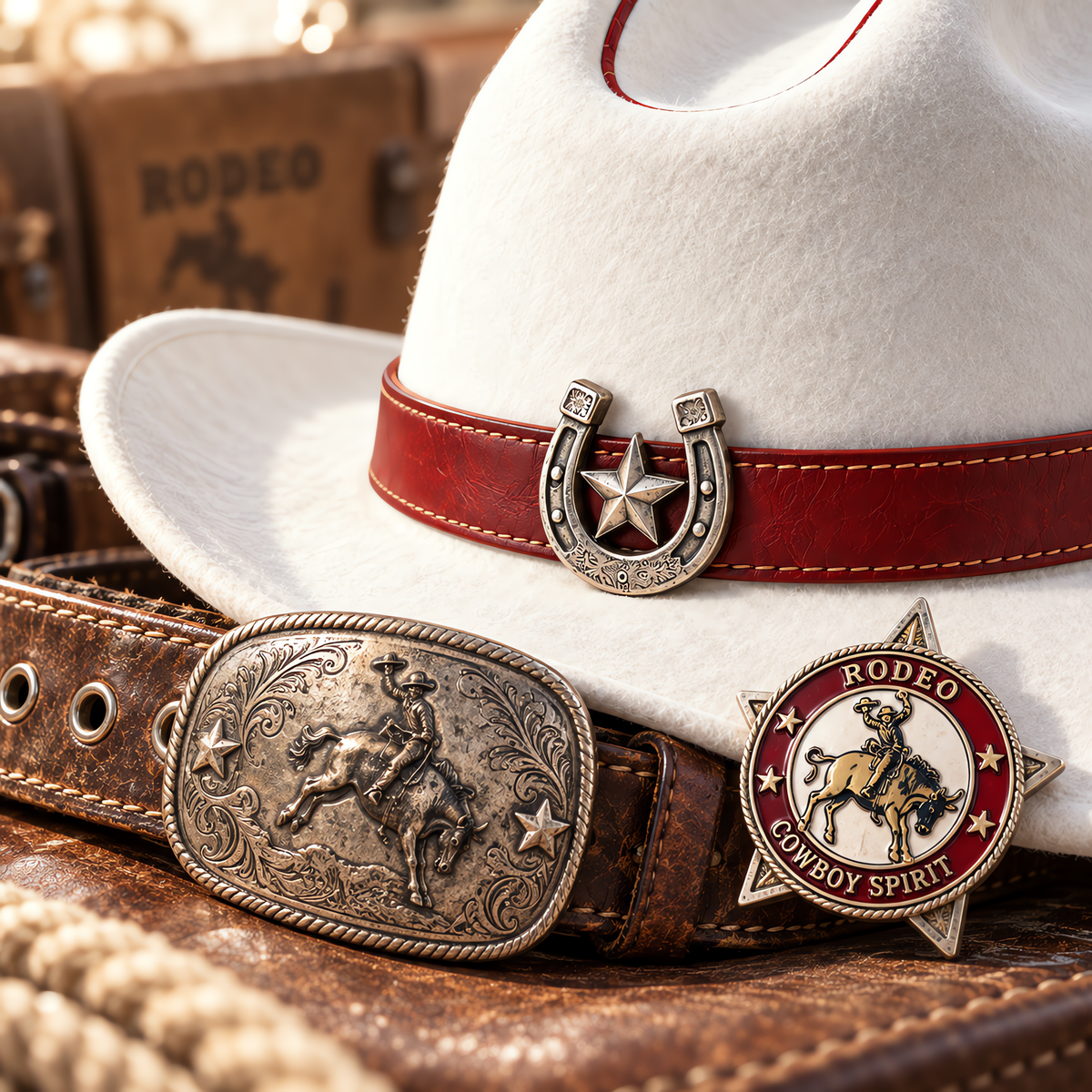The Matador by mianbrea™ — Premium White Wool Felt Cowboy Hat, Red Piping & Horseshoe-Star Buckle
