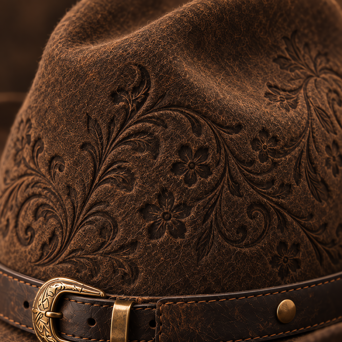 The Wrangler by mianbrea™ — Premium Dark Brown Wool Felt Cowboy Hat, Hand-Embossed Floral Crown & Feather Accent